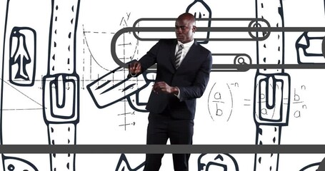 Animation of african american businessman on white background with graffiti and math symbols - Powered by Adobe