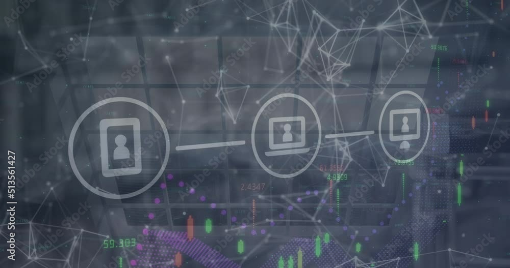 Poster digital icons, financial data processing and network of connections against office window
