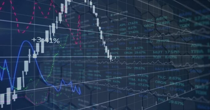 Animation of financial data processing over stock market on black background