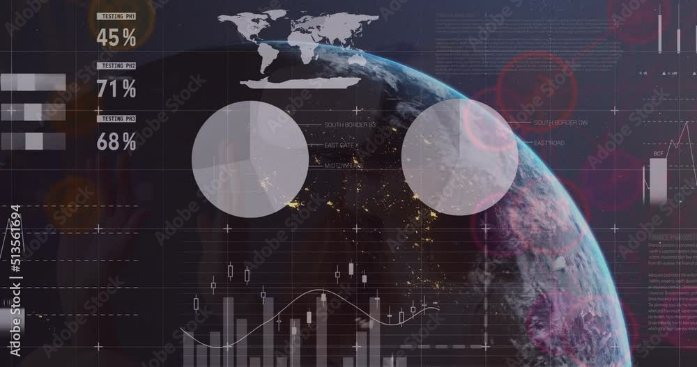 Aufkleber animation of financial data processing and network of connections over globe