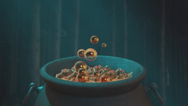 Boiling potion with bubbles in black metal cauldron in the forest. Loop 3D 4K animation with Halloween witchcraft