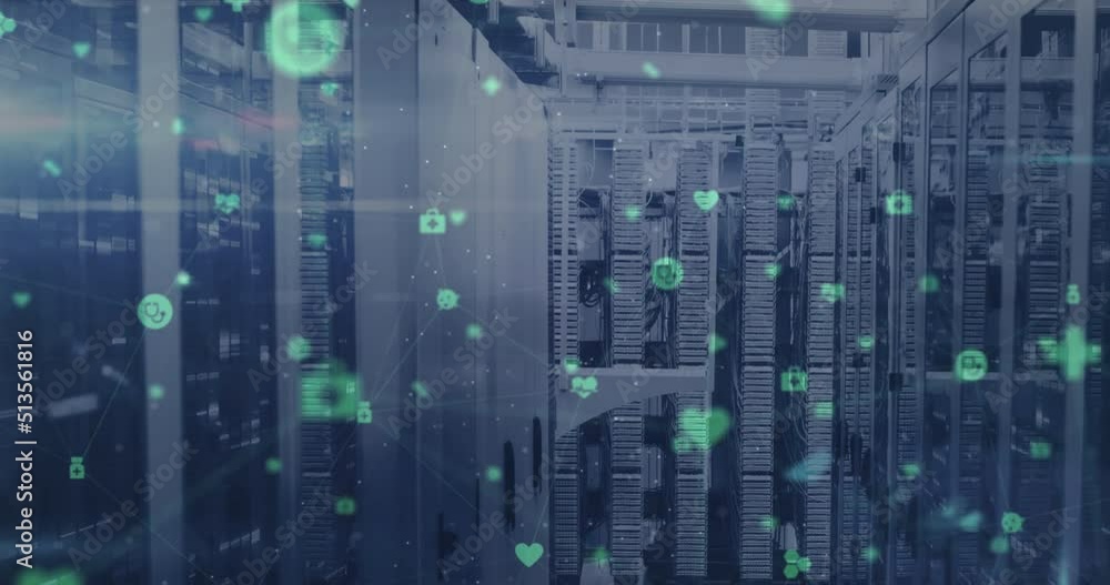 Poster animation of data processing and network of connections over server room