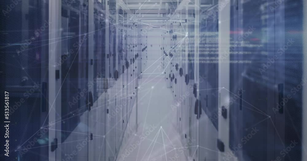 Poster animation of data processing and network of connections over server room
