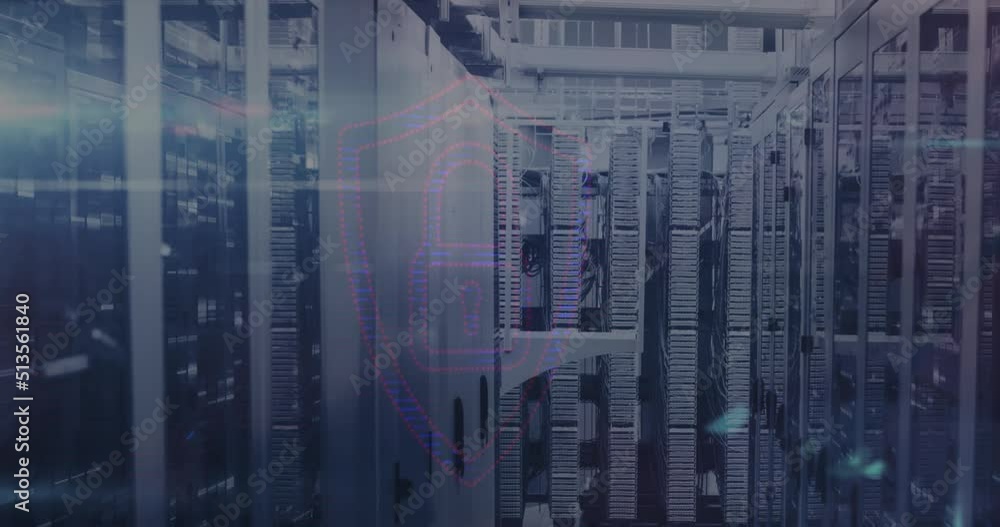 Poster animation of data processing and padlock icon over server room