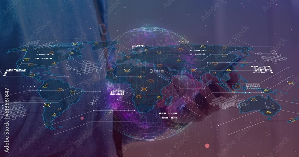 Poster animation of globe and world map with data processing over caucasian man using smartphone