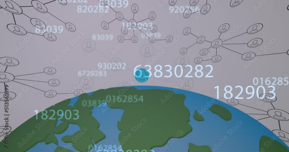 Poster animation of data processing over network of connections with icons and globe