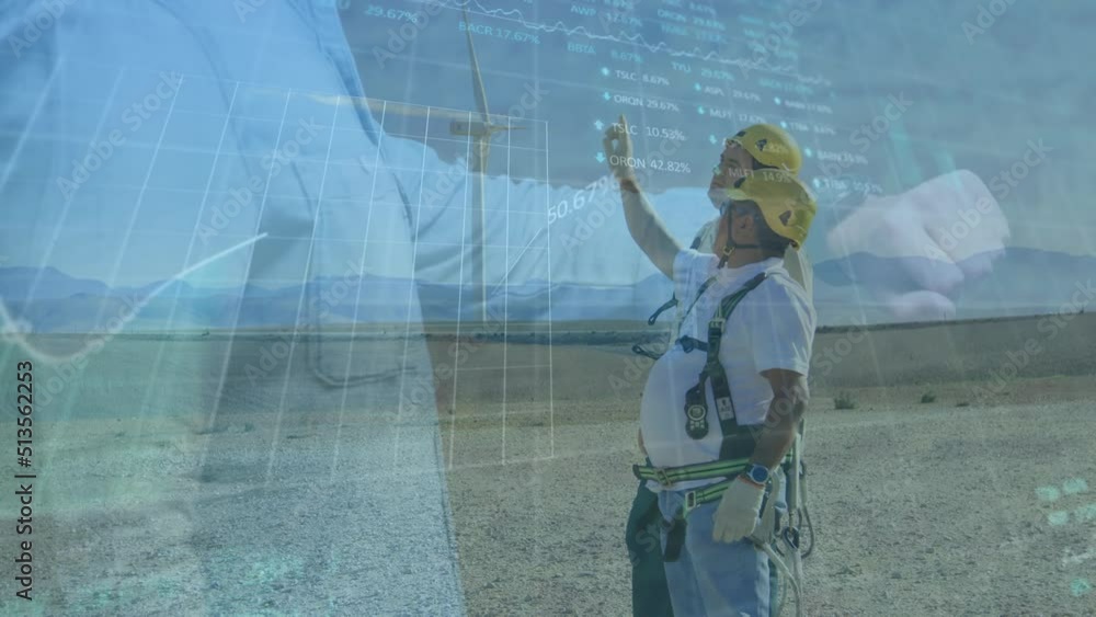 Poster animation of financial data processing over diverse workers and wind turbine