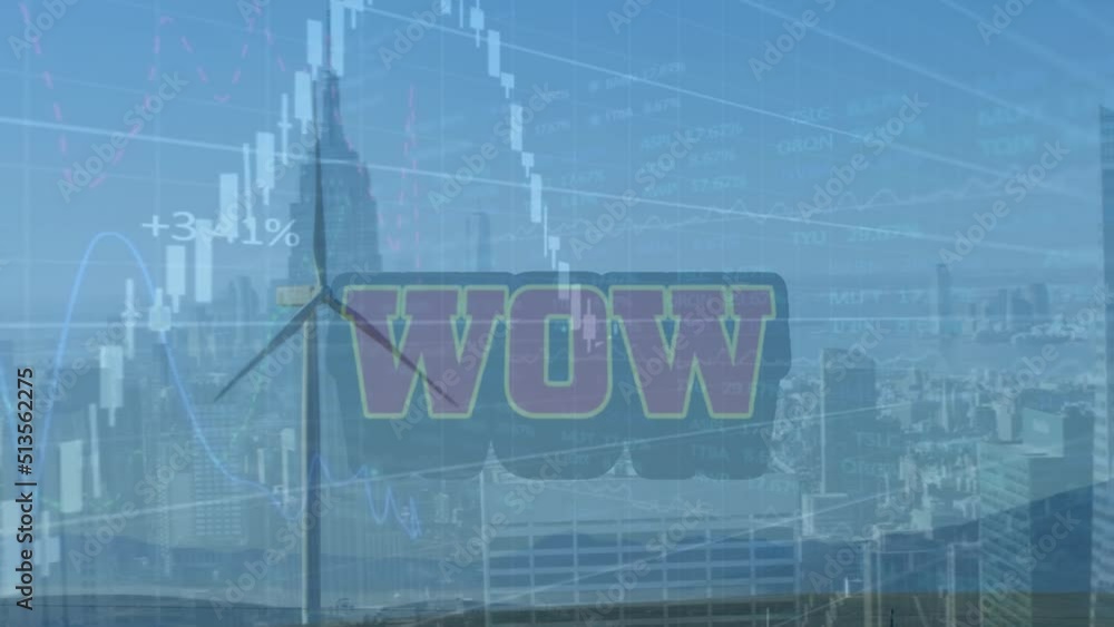 Poster animation of financial data processing and wow text over wind turbine and cityscape