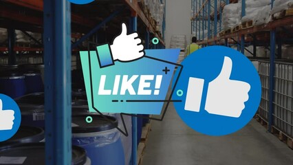 Animation of like text with icons over caucasian man in warehouse - Powered by Adobe