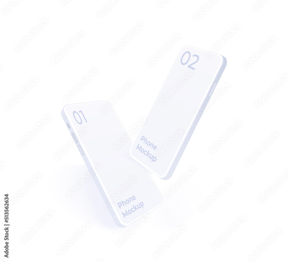 Poster white phone mockup flying in different angles isolated. clay mobile set to present your ux and ui de