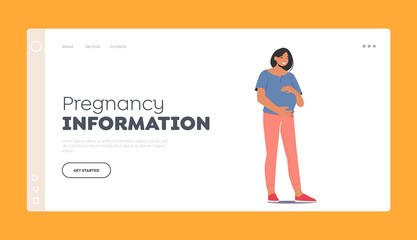 Pregnancy Information Landing Page Template. Asian Pregnant Woman, Smiling Girl with Big Belly. Maternity and Motherhood