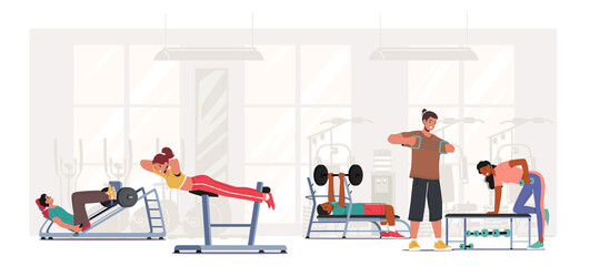 Sport Activity, Healthy Life Concept. People Training in Gym. Male Female Characters Exercising with Fitness Equipment