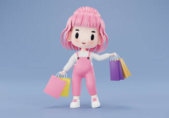 cartoon character with shopping bags. 3d illustration.