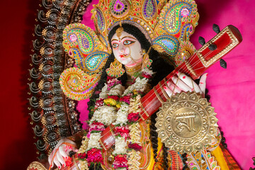 Kolkata,West Bengal,India - 10th February 2019 : Idol of Goddess Saraswati with veena, a musical instrument being worshipped. Hindu goddess of knowledge, music, art, wisdom, and learning.