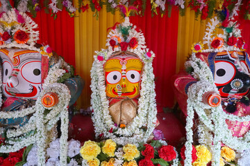 Idol of Hindu Goddess Suvodra is being worshipped with garlands for Rath jatra festival - at...