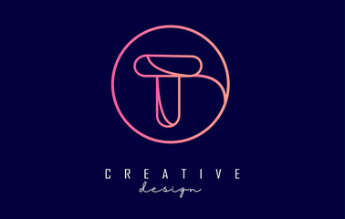 Gradient outline letter T logo with circle frame and monogram design. Letter T with geometric design.