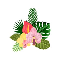 vector drawing green tropical leaves and flowers isolated at white background , hand drawn illustration