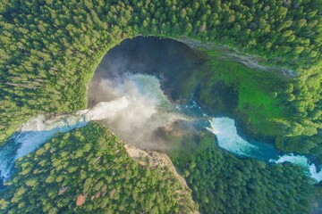 Drone view of Helmcken Falls in the Wells Gray National Park, British Columbia, Canada