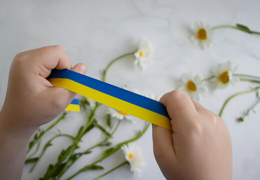 Children's hands hold a blue-yellow ribbon