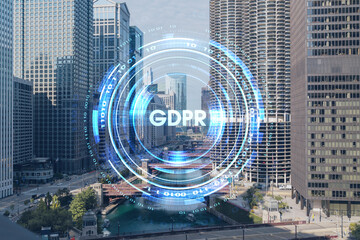 Aerial city panorama of Chicago Riverwalk downtown area, Boardwalk with bridges, day time, Illinois, USA. GDPR hologram, concept of data protection regulation and privacy for individuals