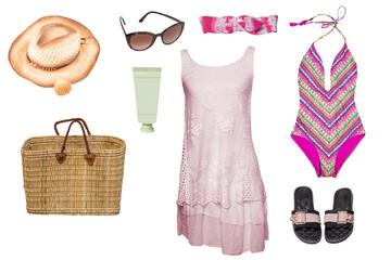 Collage set of women's swimwear and beach accessories include swimming costume, dress, sandals, a...
