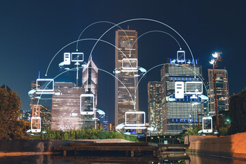 Chicago downtown area city view, Millennium Park area, night time, Illinois, USA. Skyscrapers, financial district. Social media hologram. Concept of networking and establishing new people connections