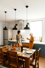 Mature two women talking and drinking tea while having lunch