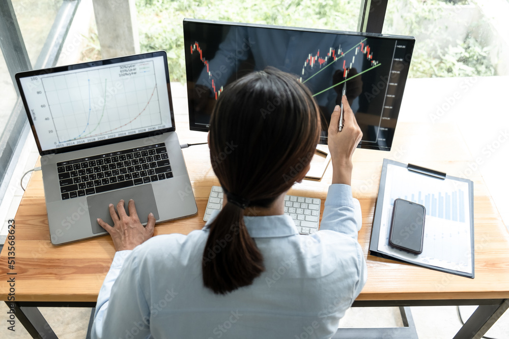 Poster Businesswoman investor having planning a new project and analyzing graph data with display screen the data presented and deal on a stock exchange