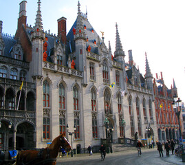 Obraz na płótnie Canvas Bruges, Flemish region, Belgium- 10.20.2010. Provinciaal Hof Brugge, Market Square Bruges, The building of the Government of the Province of West Flanders, a beautiful old building in the Gothic style
