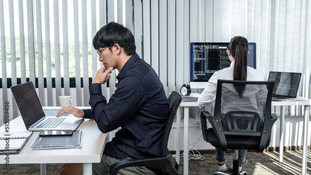 Aufkleber team of two professional programmers working on website projects in software development and making 