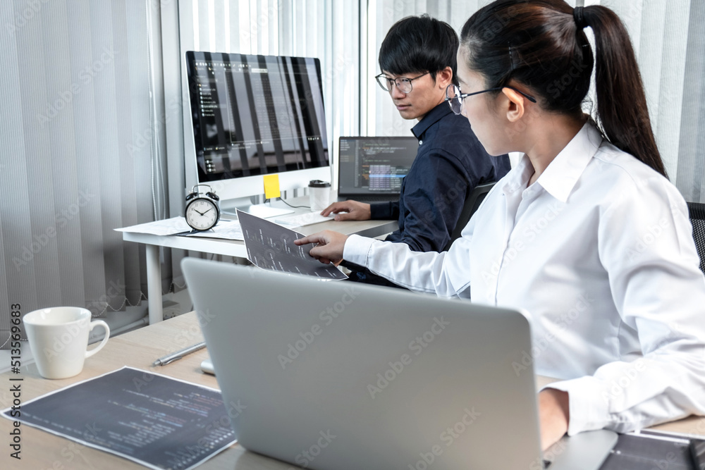 Aufkleber team of two professional programmers working on website projects in software development on the desk