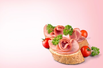 Tasty fresh sandwich on the desk background