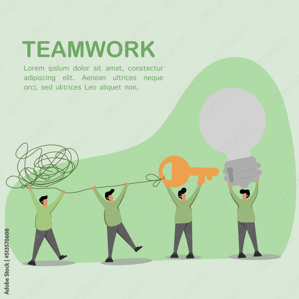 Poster flat design of four people working together to turn on the light. this design is suitable for teamwo
