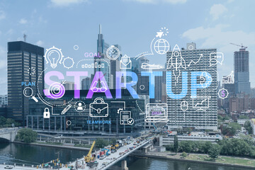 Naklejka premium Aerial panorama city view of Philadelphia financial downtown at day time, Pennsylvania, USA. Startup company, launch project to seek, develop and validate scalable business model, hologram