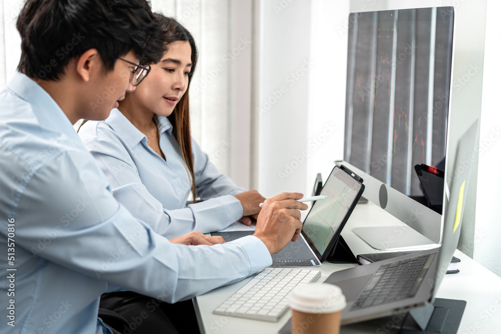 Poster investor business team working with computer, tablet and analyzing graph stock market trading planni