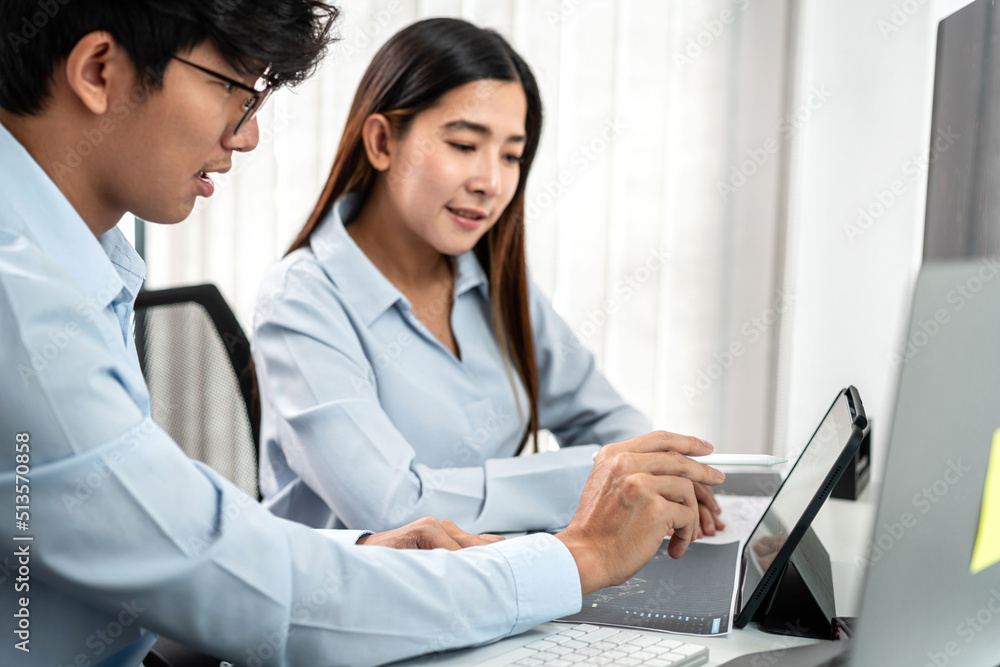 Poster investor business team working with computer, tablet and analyzing graph stock market trading planni