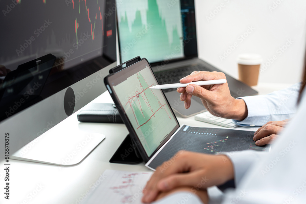 Poster investor business team working with computer, tablet and analyzing graph stock market trading planni