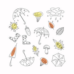 Rain set, umbrellas, mushrooms, waterproof boots. Season summer and autumn. Picking mushrooms in the forest, in the park. Doodle style. Vector illustration.