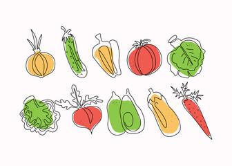Set of line art vegetables and hand drawn lettering. Vector illustration. Isolated background.