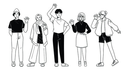 Hand drawn doodle illustration of young people waving hand. Happy young group waving hand