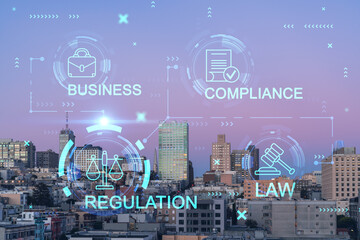 Obraz premium Panoramic cityscape view of San Francisco Nob hill area, sunset, midtown skyline, California, United States. Glowing hologram legal icons. The concept of law, order, regulations and digital justice