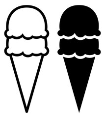 Ice cream cone with two scoop outline and silhouette icon set. Ice vector illustration isolated on white background.