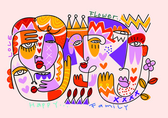 Colorful abstract face portrait,ethnic,decorative, line art hand drawn vector illustration.
