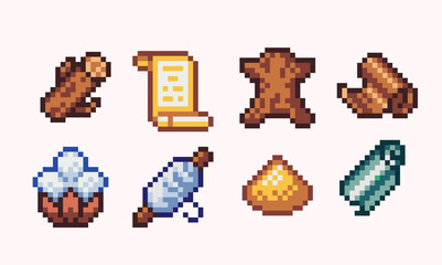 Different resources pixel art set. Material collection. Fabric, leather, glass, wood, sand and cotton. 8 bit sprite. Game development, mobile app.  Isolated vector illustration.