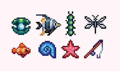 Fishing catch and rod pixel art set. Fish, insects and shellfish collection. 8 bit sprite. Game development, mobile app.  Isolated vector illustration.