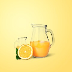 Orange fruit slice and juice glass with splash and drops. Healthy drink.