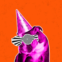 Modern design. Contemporary art collage with pink neon dog with an optical illusion pattern in its eyes.