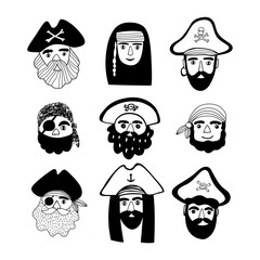 Hand drawn set of pirate faces. Black and white icons set. Vector illustration