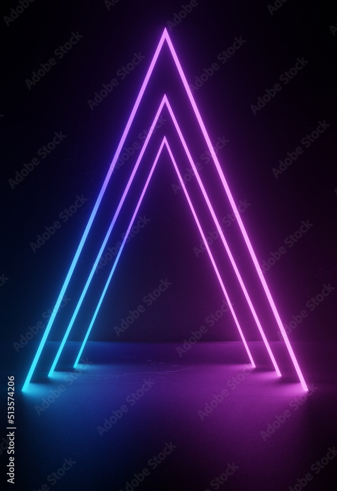 Poster technological and futuristic abstract blue and purple neon shapes on black background over reflectiv