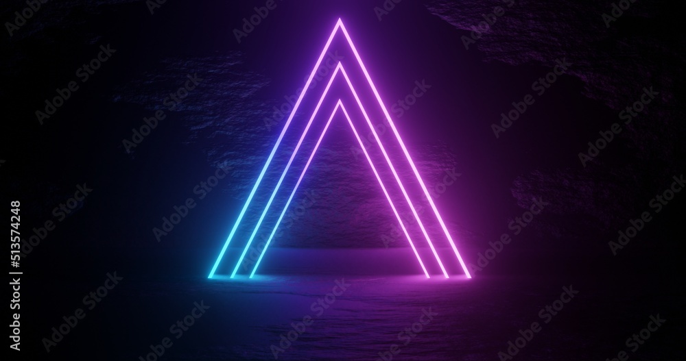 Poster technological and futuristic abstract blue and purple neon shapes on black background over reflectiv